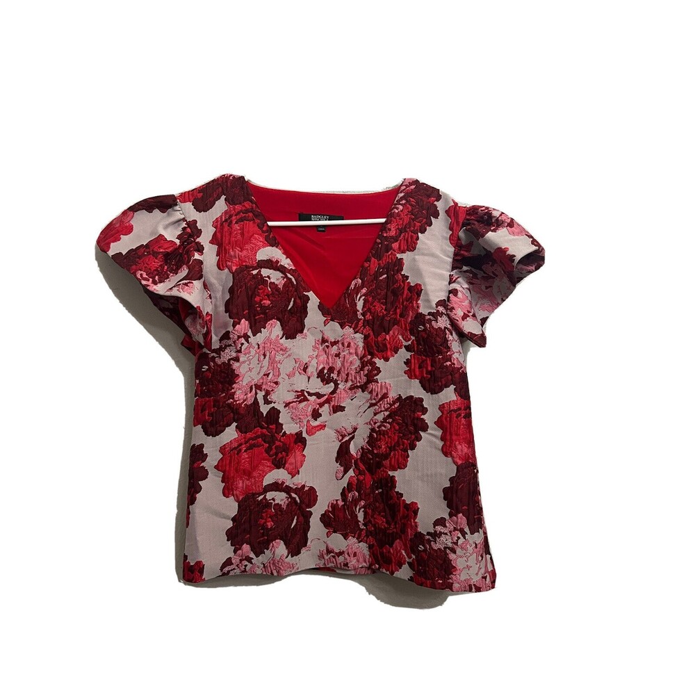 Badgley Mischka Womens 0 Small Puffer Sleeve Shirt Black Pink Floral Tapestry